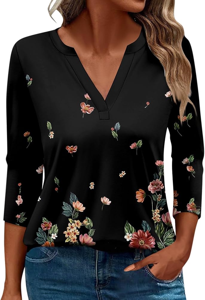 Womens T Shirts Long Sleeve V Neck Loose Tees Print Blouses Trendy Tunics Floral Clothes