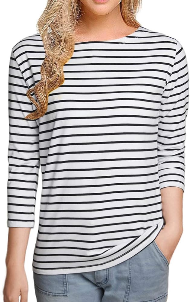 LilyCoco Womens 3/4 Length Sleeve Tops Striped Boatneck Shirt Frenchy Cotton Tees