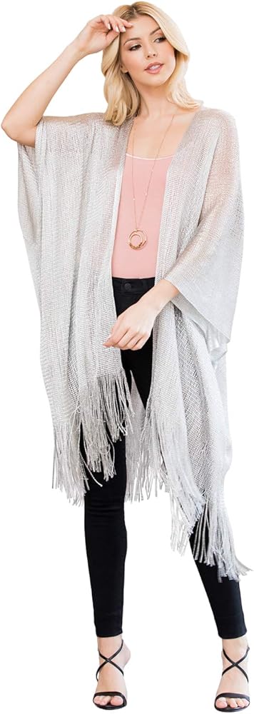 RIAH FASHION Bohemian Sequin Glitter Shawl Wrap Poncho - Kimono Cardigan, Sparkly Metallic Mesh Scarf, Open Knit Crochet