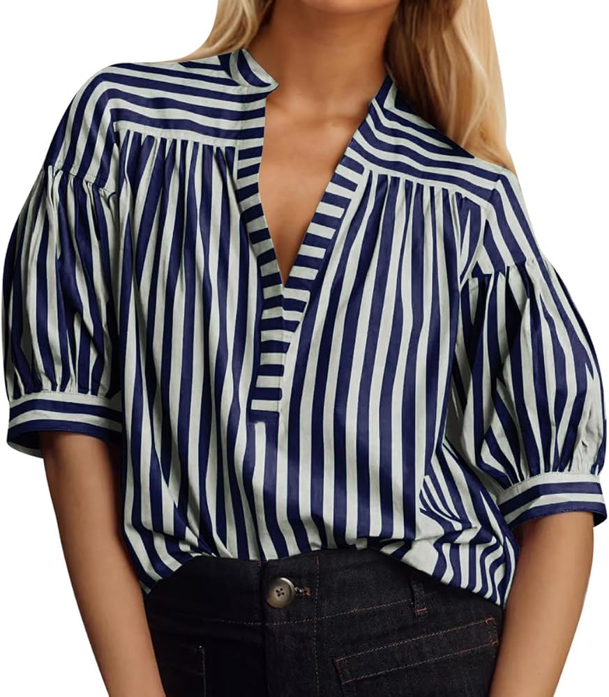 Women Summer Loose Fit Puff Short Sleeve Striped Blouse Top Business Dressy Casual Pleated V Neck Tunic T Shirt