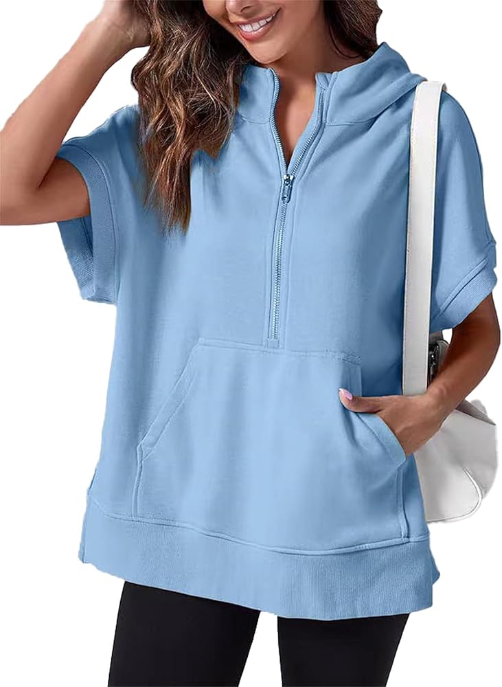 Oversized Casual Half Zip Short Sleeve Pullover Tops With Pocket, Fashion Summer Sweatshirts Pullover with Zipper