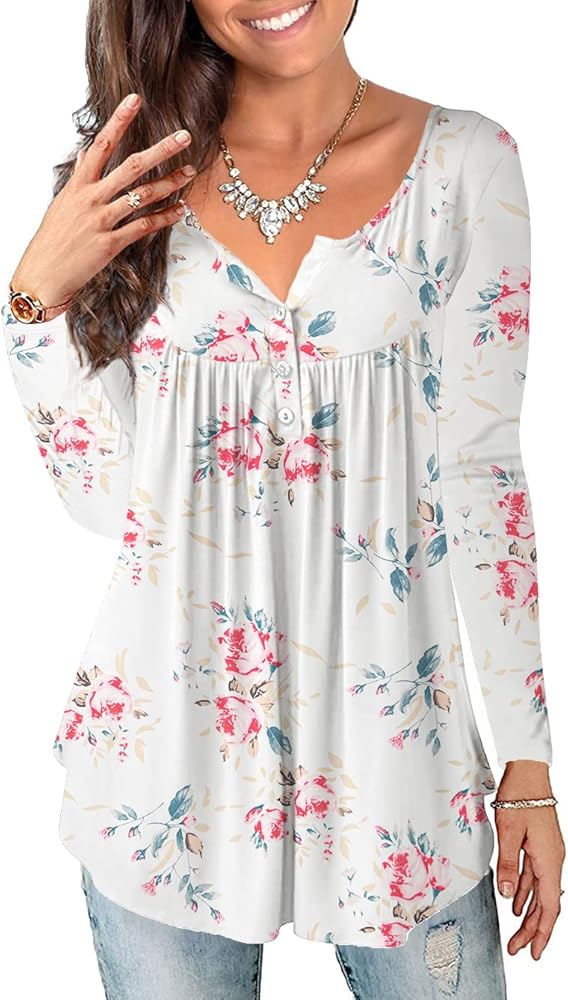 a.Jesdani Plus Size Tunic Tops Long Sleeve Casual Floral Printed Henley V Neck Shirts for Women