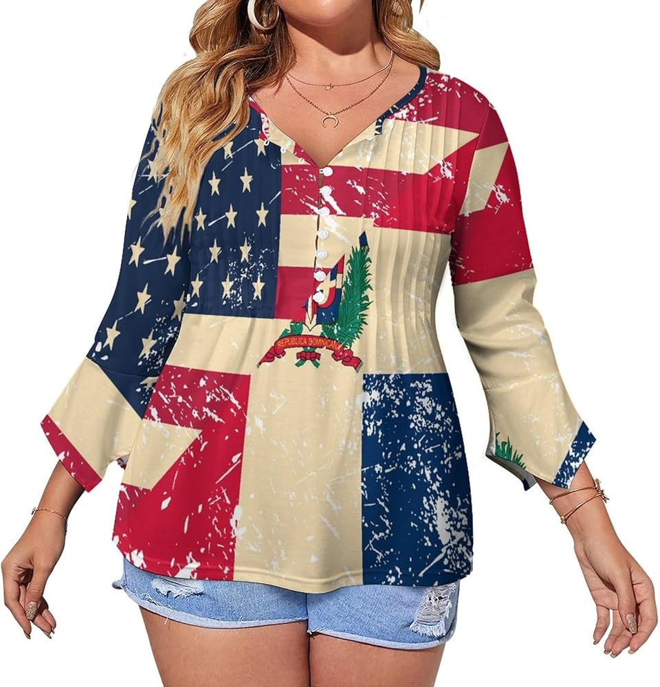 American and Dominican Retro Flag Cute Womens T-Shirts 3/4 Sleeve Button Down Tee Tops Blouse Summer Beach