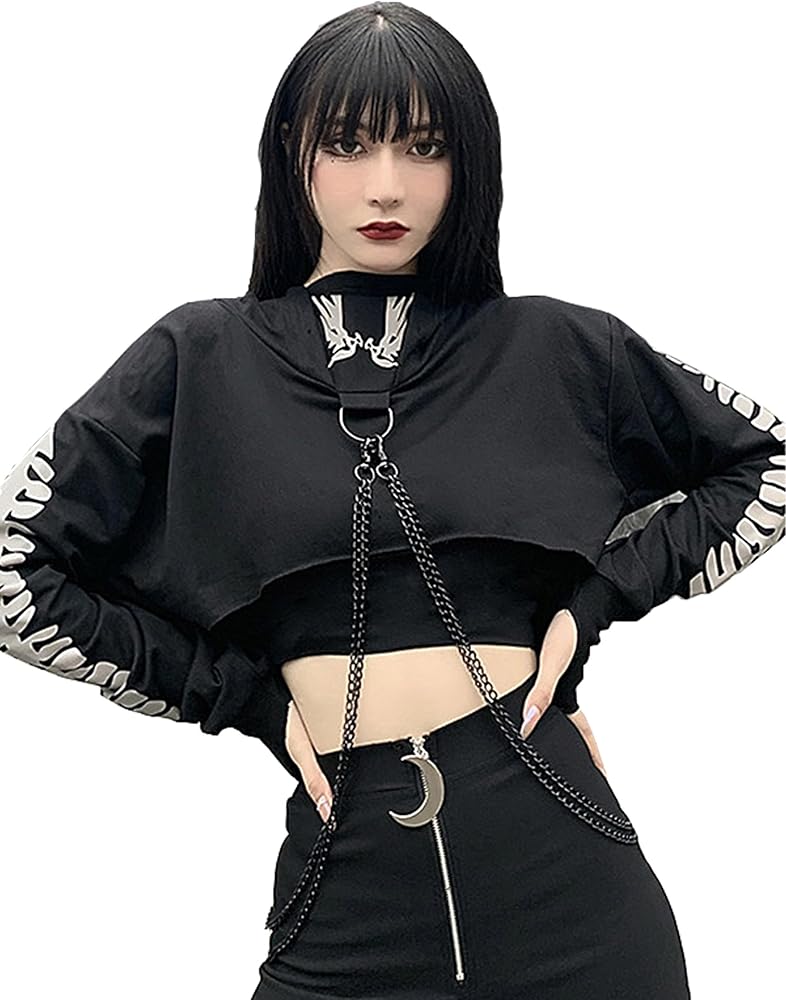 MEOWCOS Hoodies for Women Crop Top Punk Gothic Clothes Long Sleeve Hoodies with Chain Fish Bone Print Reflective Hoodies