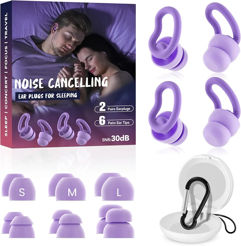 Noise Cancelling Ear Plugs for Sleeping - 2 Pairs Reusable Soft Foam Noise Block Silicone Earplugs for Sound Proof, 30db Noise Reduction Earplug for Sleep, Snoring Blocking, Concert. (Purple)