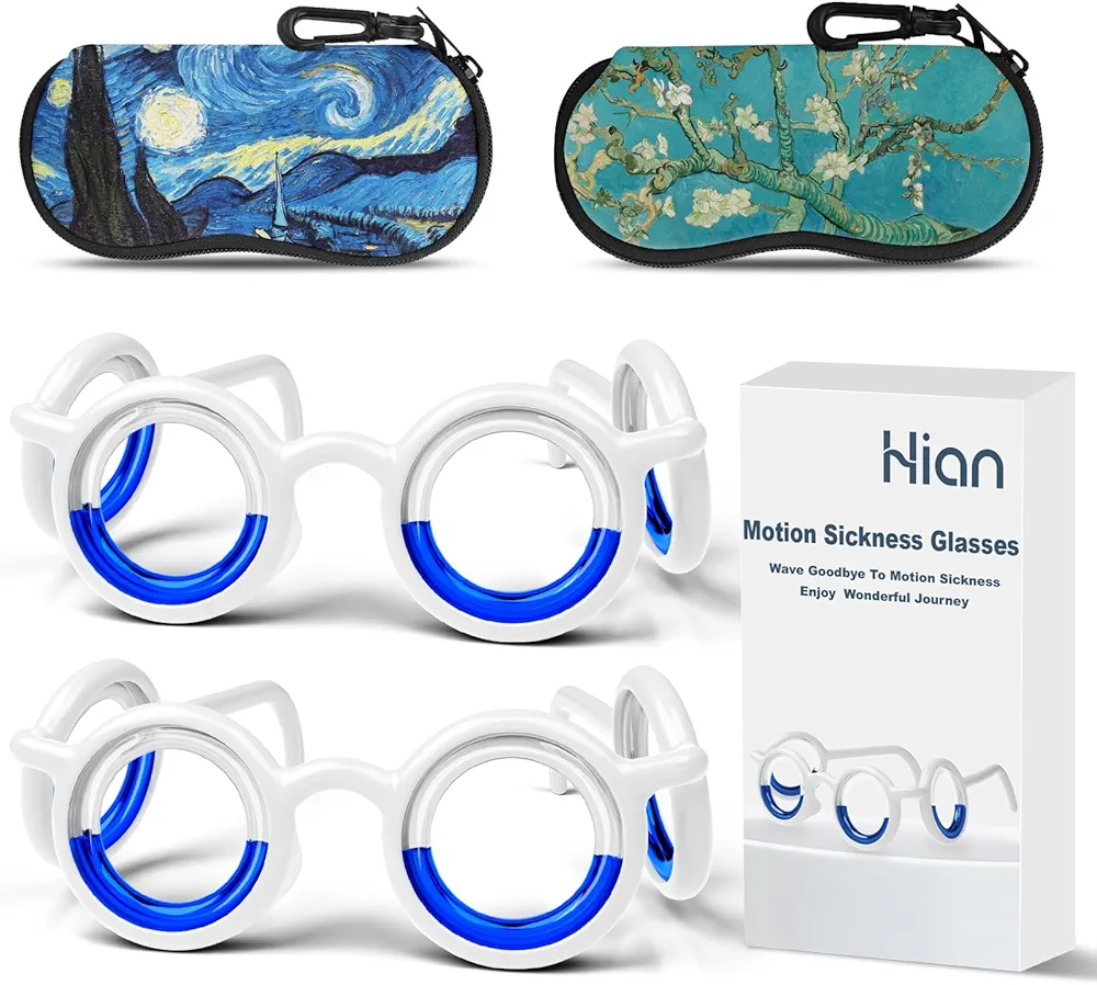 Hion Motion Sickness Glasses,Relieve Carsickness Airsickness Seasickness Glasses,Ultra-Light Portable Nausea Vertigo Glasses, No Lens Liquid Glasses for Adults or Kids(2Pairs)