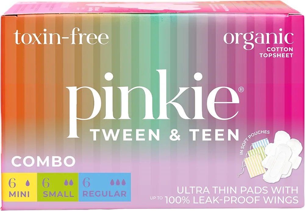 Pinkie Period Pads for Tweens & Teens - Designed for Smaller Underwear - Organic Cotton Topsheet Teen Pads with Wings - Chlorine Free & Fragrance Free - Teen Combo Pack, 18 Count