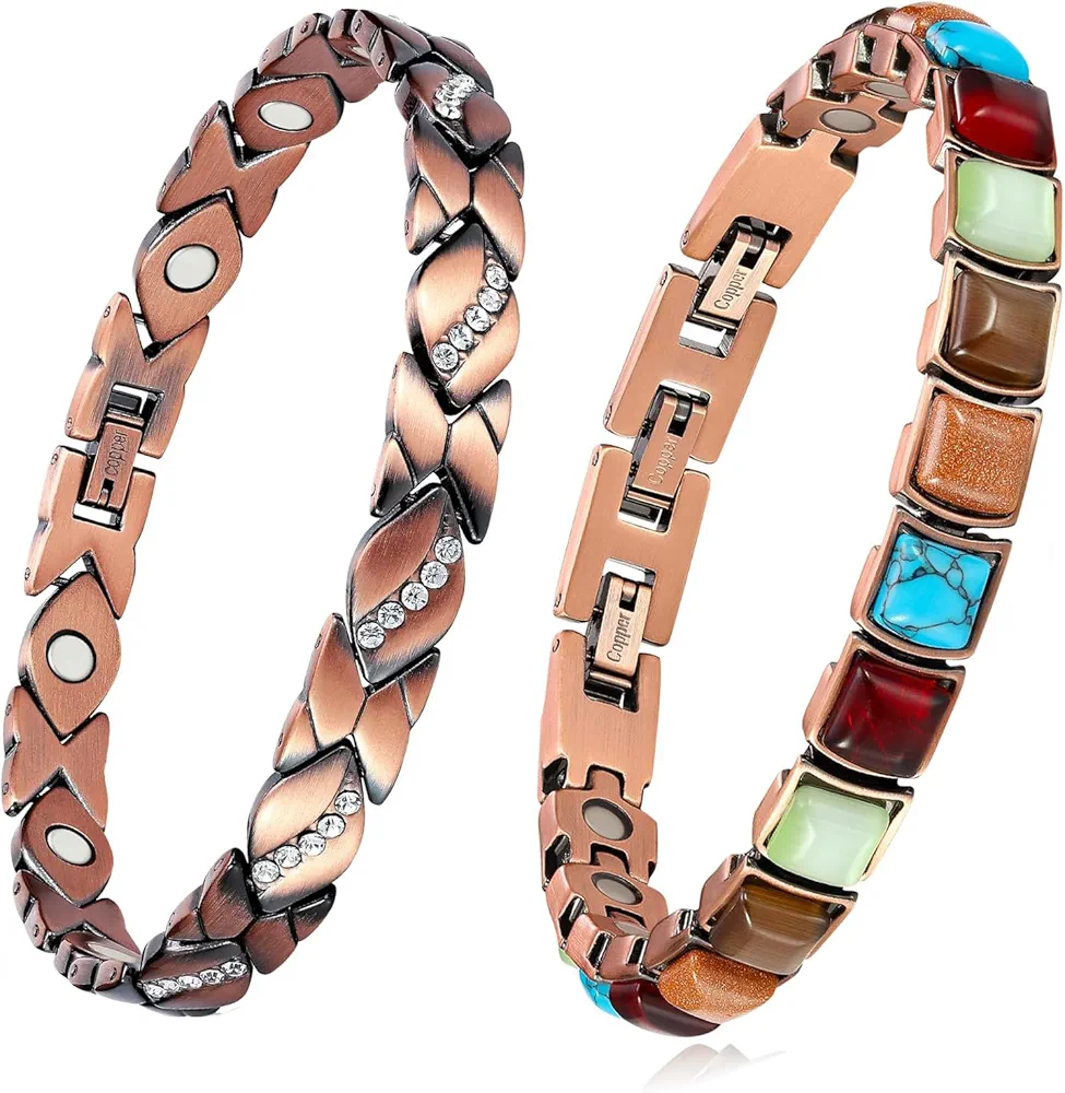 Feraco 2 Pcs Copper Bracelet for Women for,100% Pure Copper Magnetic Bracelets with 3800 Gauss,Natural Turquoise Gifts for Women,Size Adjustable