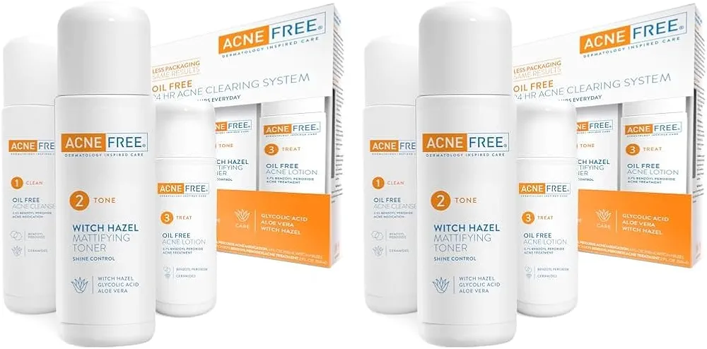 Acne Free 3 Step 24 Hour Acne Treatment Kit - Clearing System W Oil Free Acne Cleanser, Witch Hazel Toner, & Oil Free Acne Lotion - Acne Solution W/ Benzoyl Peroxide for Teens and Adults - Original