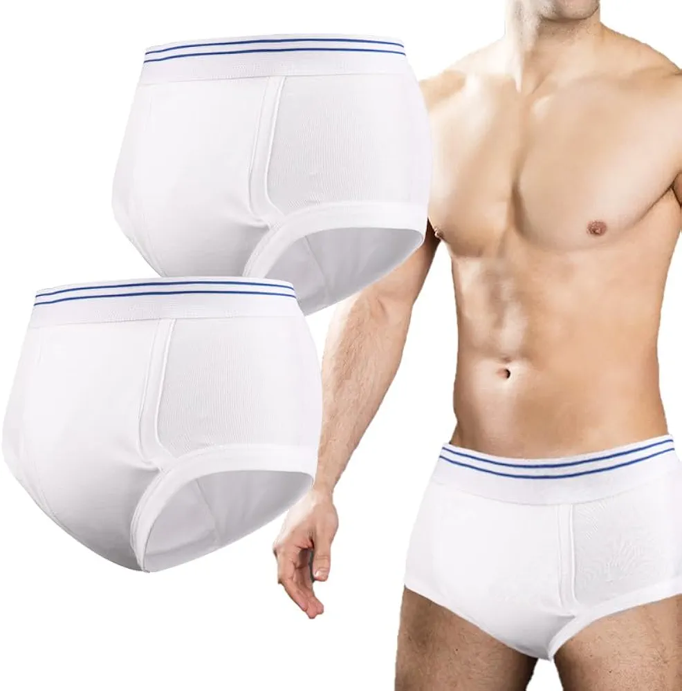 Incontinence Underwear for Men 2 Pack Washable Urinary Briefs with Front Absorbent Area Mens Incontinence Brief Leakproof Urinary Incontinence Brief Reusable Incontinence Underwear (White, M)