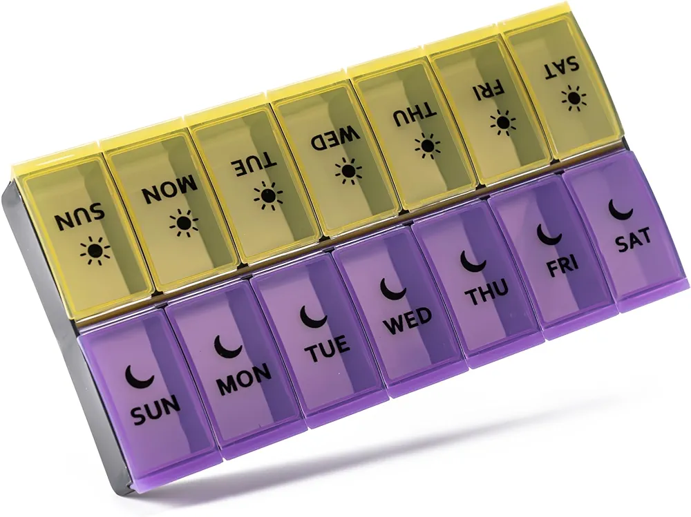 Large Pill Organizer 2 Times a Day, Weekly Pill Case, AM PM Pill Box, Day Night Pill Container 7 Day, Vitamin Case Medicine Dispenser Twice a Day (Yellow & Purple)