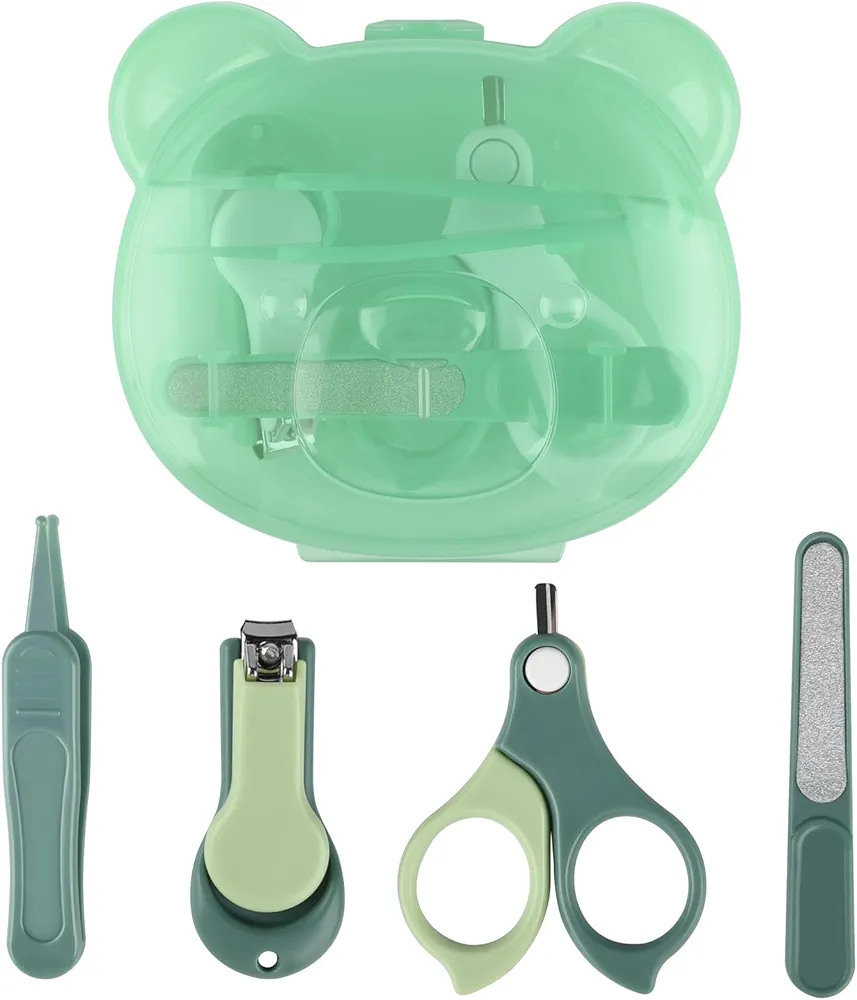 Baby Nail Kit, Baby Manicure Kit and Pedicure Kit with Cute Bear Shape Case, 4-in-1 Kit with Baby Nail Clipper, Scissor, Nail File & Tweezer for Newborn, Infant, Toddler, Mothers Day Gifts(Green)