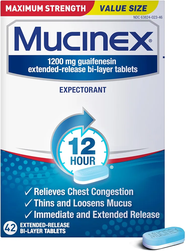 Mucinex 12 Hour Maximum Strength 1200 mg Guaifenesin Extended-Release Tablets for Excess Mucus Relief, Expectorant Aids Excess Mucus Removal, Chest Congestion Relief, 42 Tablets