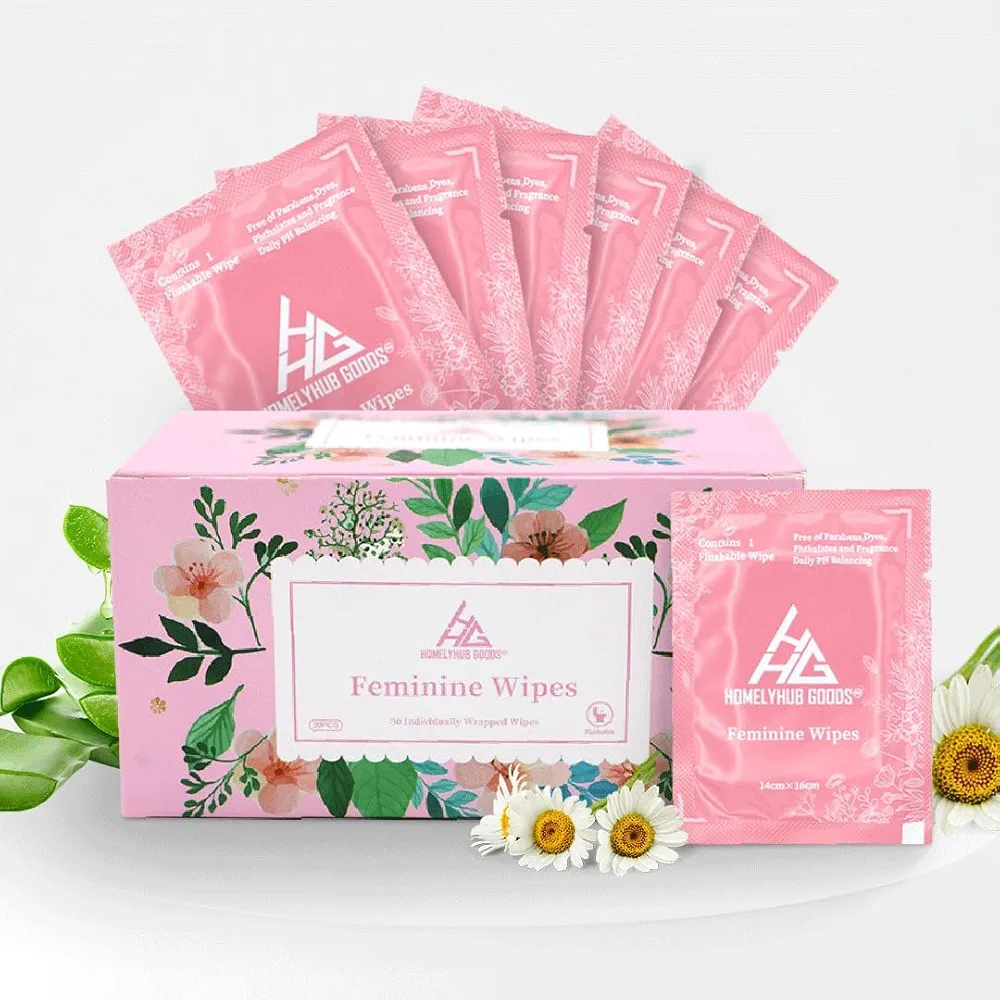 Feminine Flushable Individually Wrapped Traveling Non Scented Wipes.