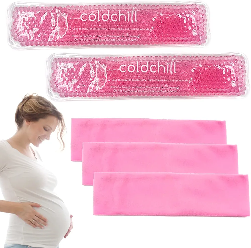 Reusable Perineal Ice Packs for Postpartum & Hemorrhoid Pain Relief, Hot & Cold Pack for Women After Pregnancy, 2 Ice Pack and 3 Cover. (Pink)