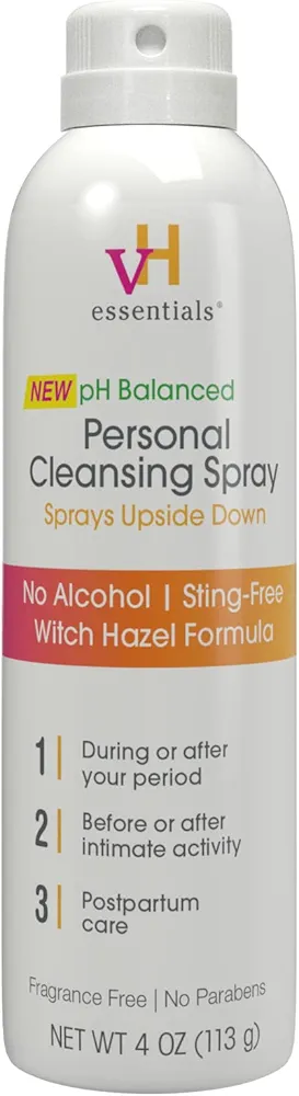 vH essentials Personal Cleansing Spray, pH Balancing Lactic Acid, Sting-Free, Witch Hazel Formula, Fragrance free, Paraben free, Sprays upside down for easy external intimate cleansing, 4 floz