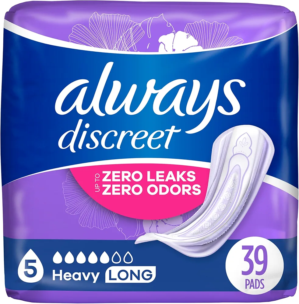 Always Discreet, Incontinence Pads for Women, Maximum, Long Length (Packaging May vary), Purple, 39 Count