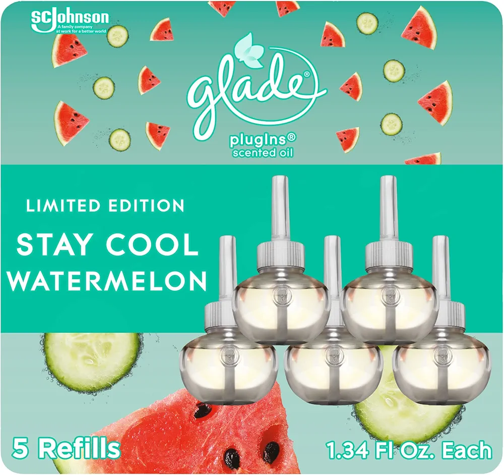 Glade PlugIns Refills Air Freshener, Scented and Essential Oils for Home and Bathroom, Stay Cool Watermelon, 3.35 Fl Oz, 5 Count