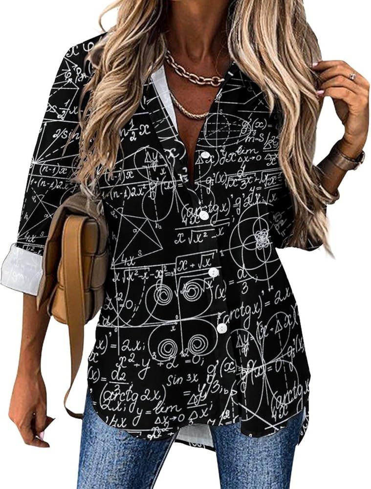 Math Numbers and Equations Blouses for Women Hawaiian Button Down Long Sleeve Shirts Tees Tops