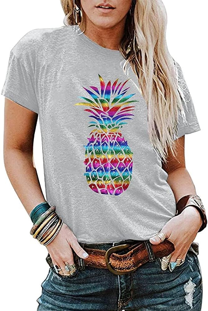 Pineapple Shirt for Women Funny Beach T Shirts Summer Hawaiian Graphic Short Sleeve Casual Fruit Lover Vacation Tops Blouse