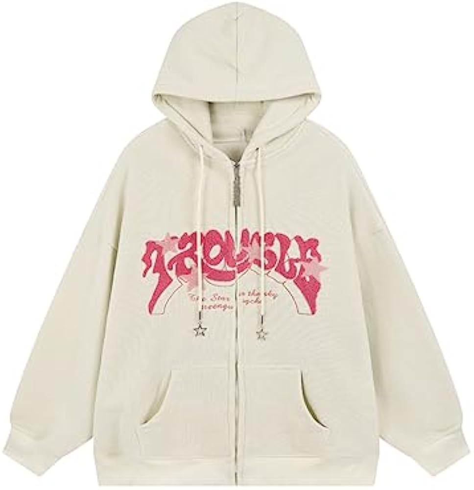 Sumleno Y2K Zip Up Hoodie Letter Print Star Graphic Grunge Hooded Corduroy Sweatshirt Jacket Oversized Retro Y2k Clothing