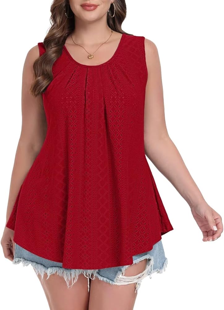 MONNURO Plus Size Tank Tops Summer Tops Eyelet Sleeveless T-Shirts Scoop Neck Loose Flowy Casual Tunic Shirts