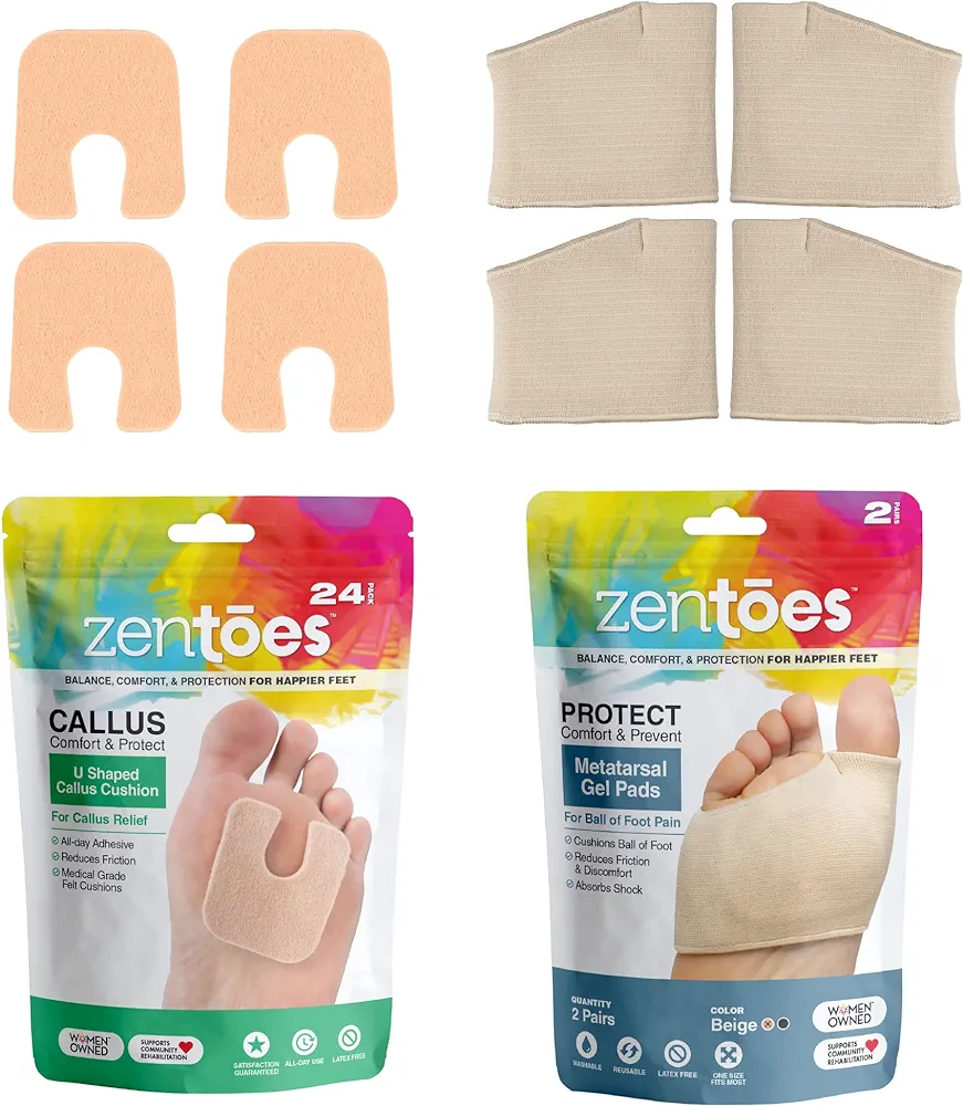 ZenToes Metatarsal Sleeves with Gel Cushions and Self-Adhesive U Shaped Felt Callus Pads - Bundle for Ball of Foot Care - Size Medium, Beige