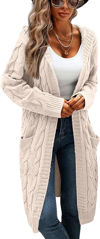 Lightweight Hooded Open Front Cardigan Sweaters for Women Oversized Cable Knit Sweaters Pocketed Trendy Long Cardigans