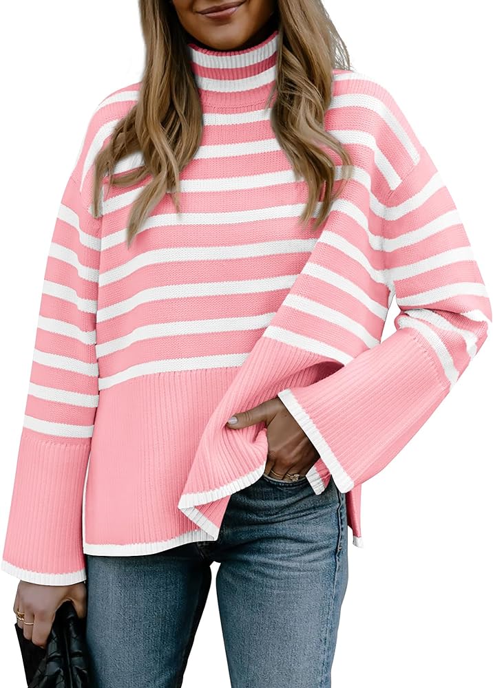 BTFBM Women Casual Turtleneck Striped Sweater 2024 Fall Winter Jumper Tops Long Sleeve Side Slit Oversized Knit Pullover