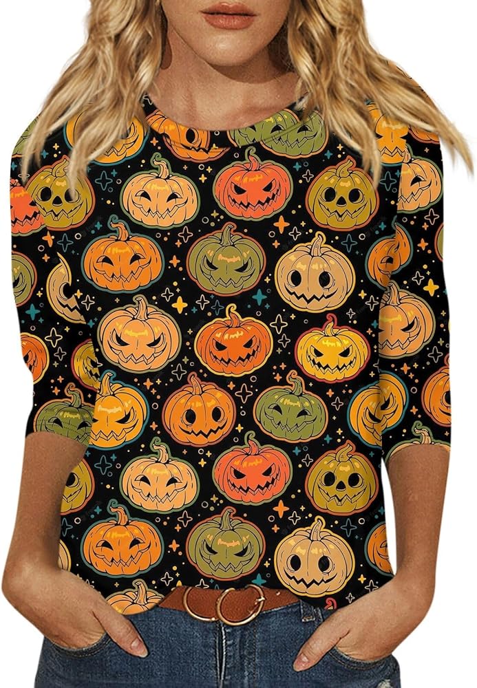 Halloween Costumes 3/4 Sleeve Round Neck Tops Casual Oversized Blouse Loose Fit Printed Tunic Cute Trendy tee