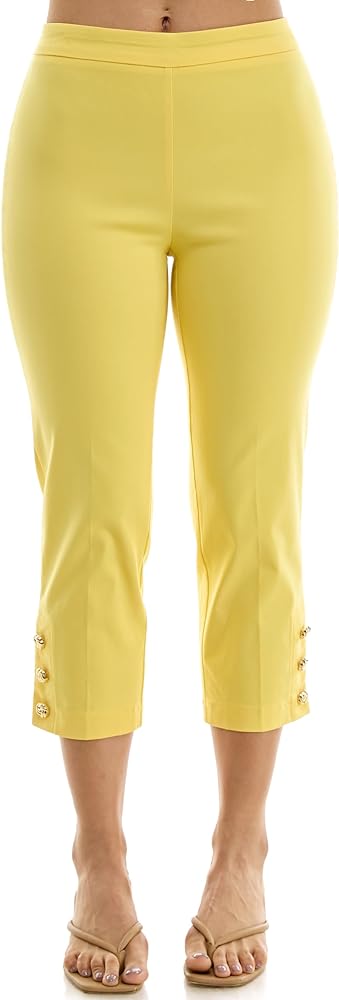 Zac & Rachel Women's Pull on Millenium Capri Pant with Elegant Triple Gold Button Ankle Detail