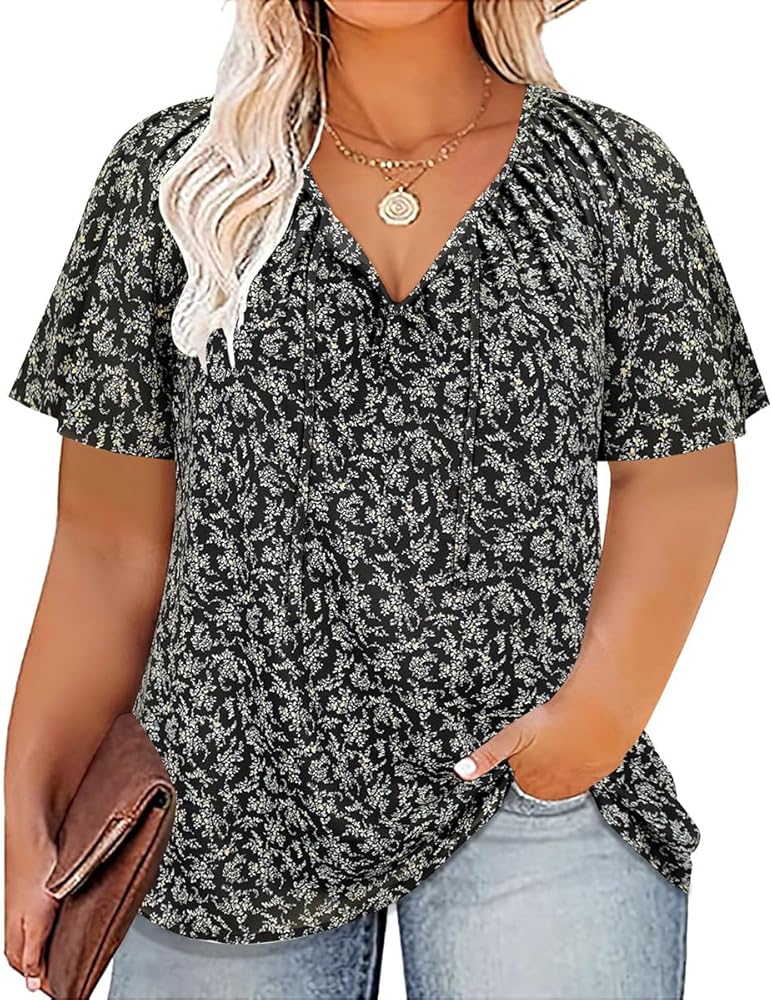 TIYOMI Plus Size Blouse for Women Short Sleeve V Neck Tops Cover Belly Blouses Summer Spring XL-5XL 14-28