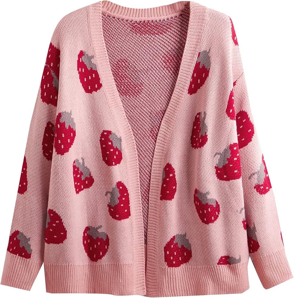 MakeMeChic Women's Plus Size Strawberry Print Long Sleeve Open Front Knit Cardigan Sweater