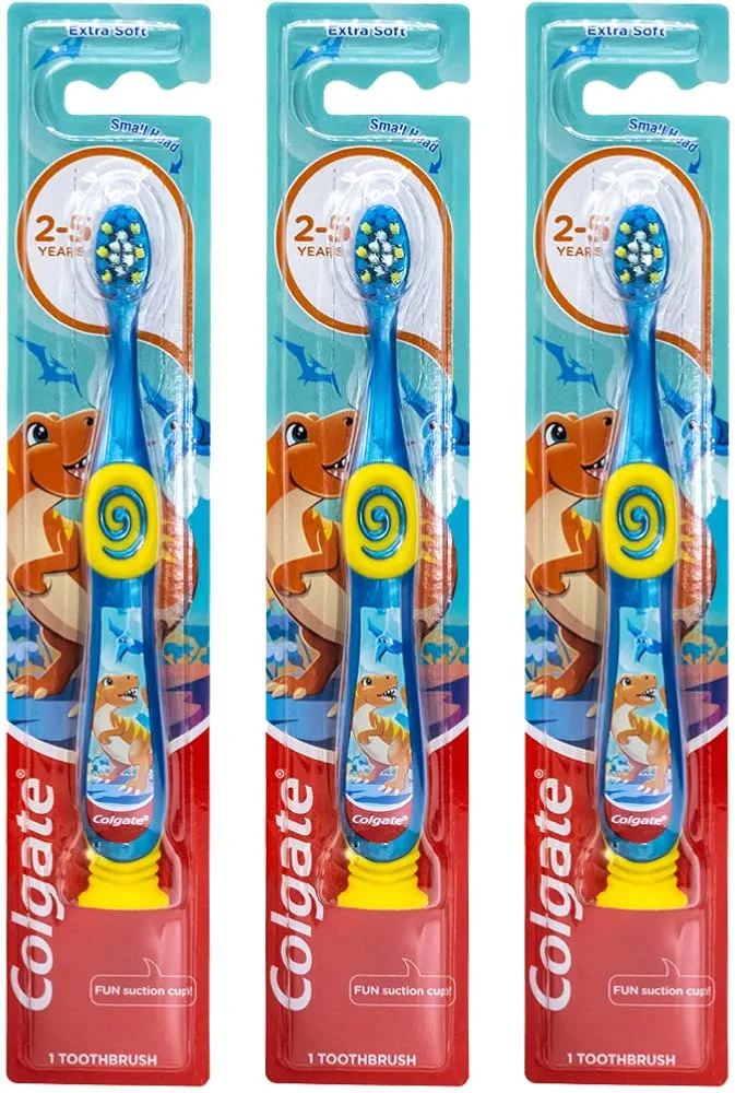 Colgate Dinosaur Toothbrush for Children with Suction Cup, Kids 2-5 Years Old, Extra Soft - Pack of 3