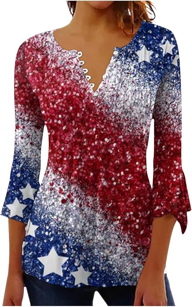 4th of July Shirts for Women Independence Day Star Stripes Print Tops Casual Bell 3/4 Sleeve Button V Neck Tops