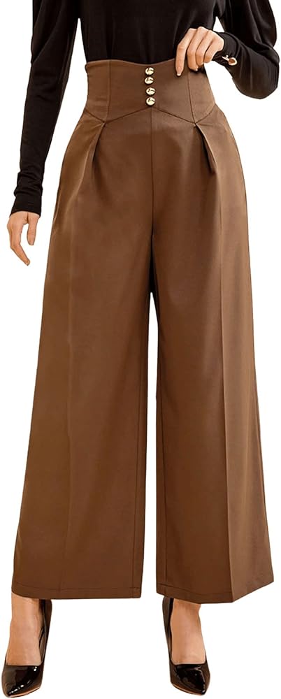 SweatyRocks Women's Elegant High Waist Pleated Pants Button Front Wide Leg Trouser Pants