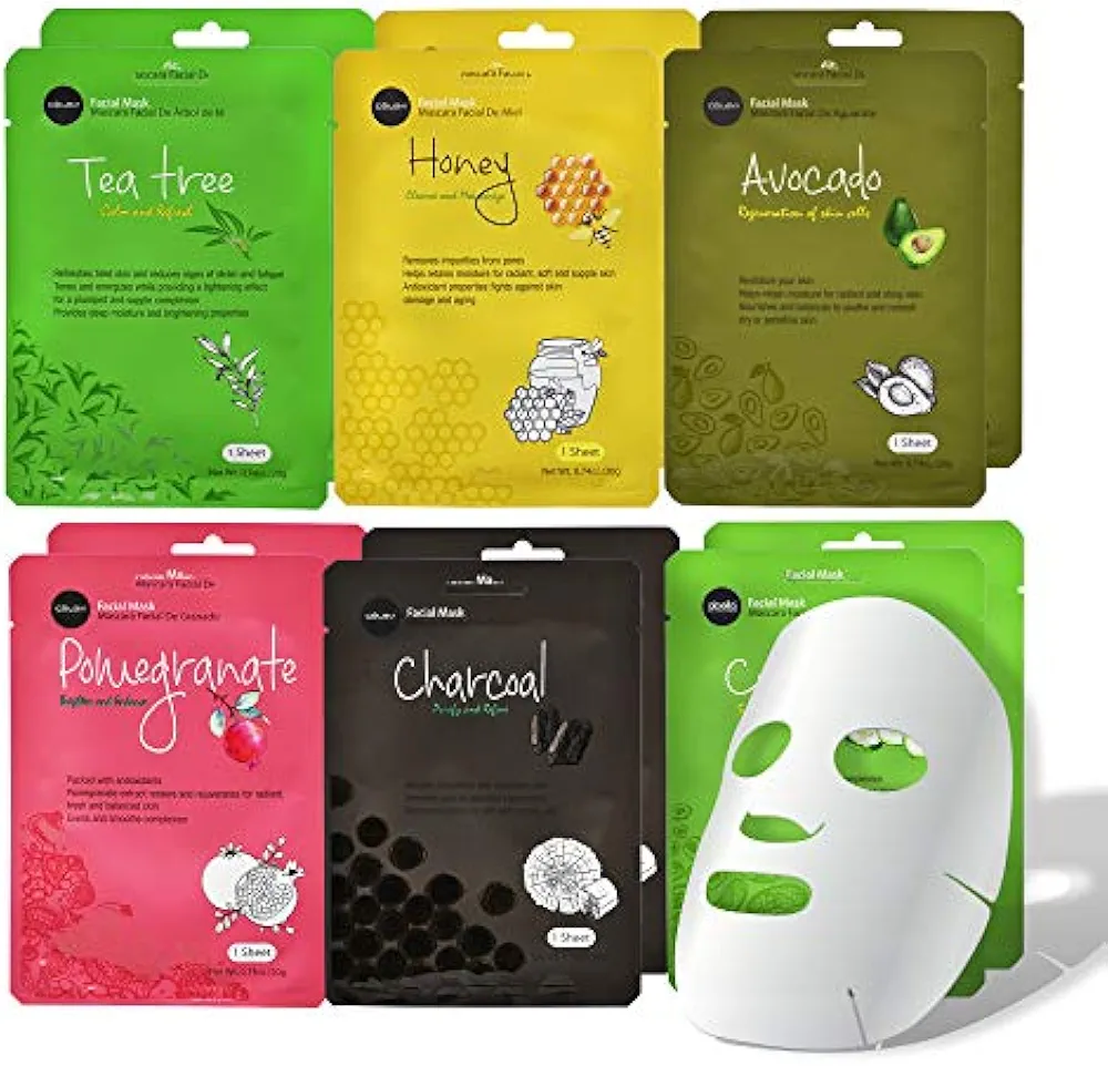 celavi Essence Facial Face Mask Paper Sheet Korea Skin Care Moisturizing 12 Pack (Mix - 2 of Each)