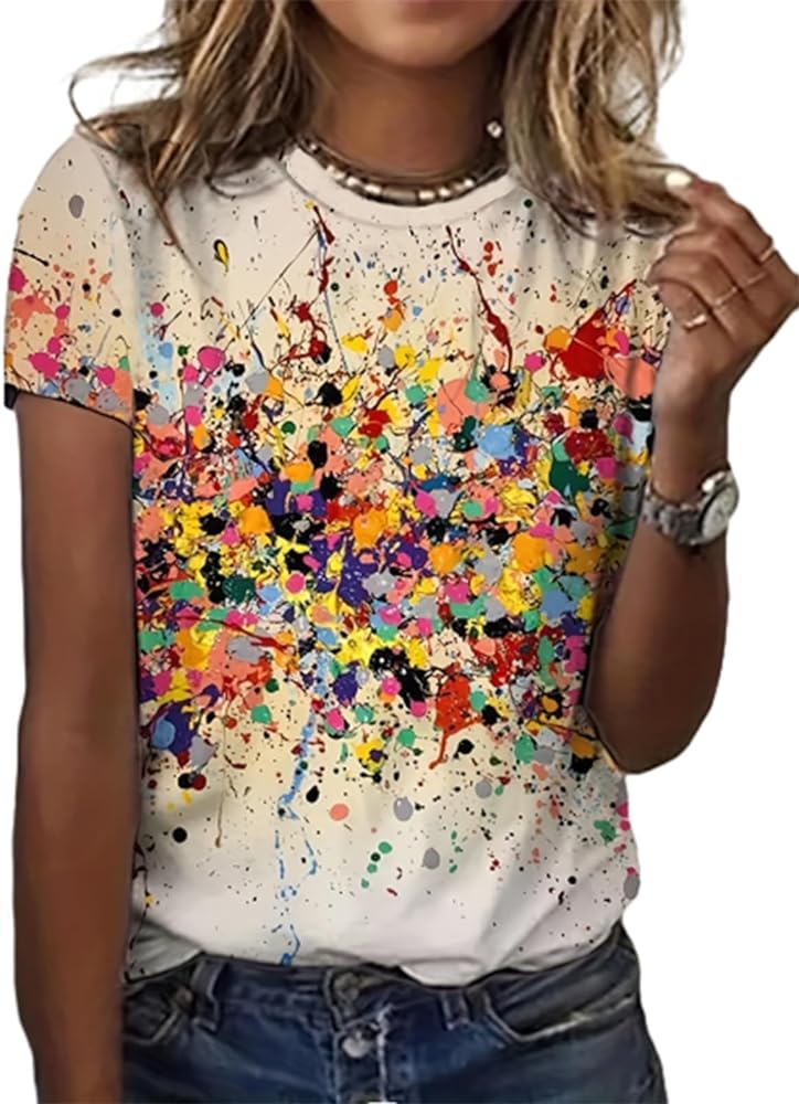 Colorful Abstract Boho Printed Shirt for Women Short Sleeve Loose Fit Summer Tee Tie Dye Graphic Round Neck Shirt