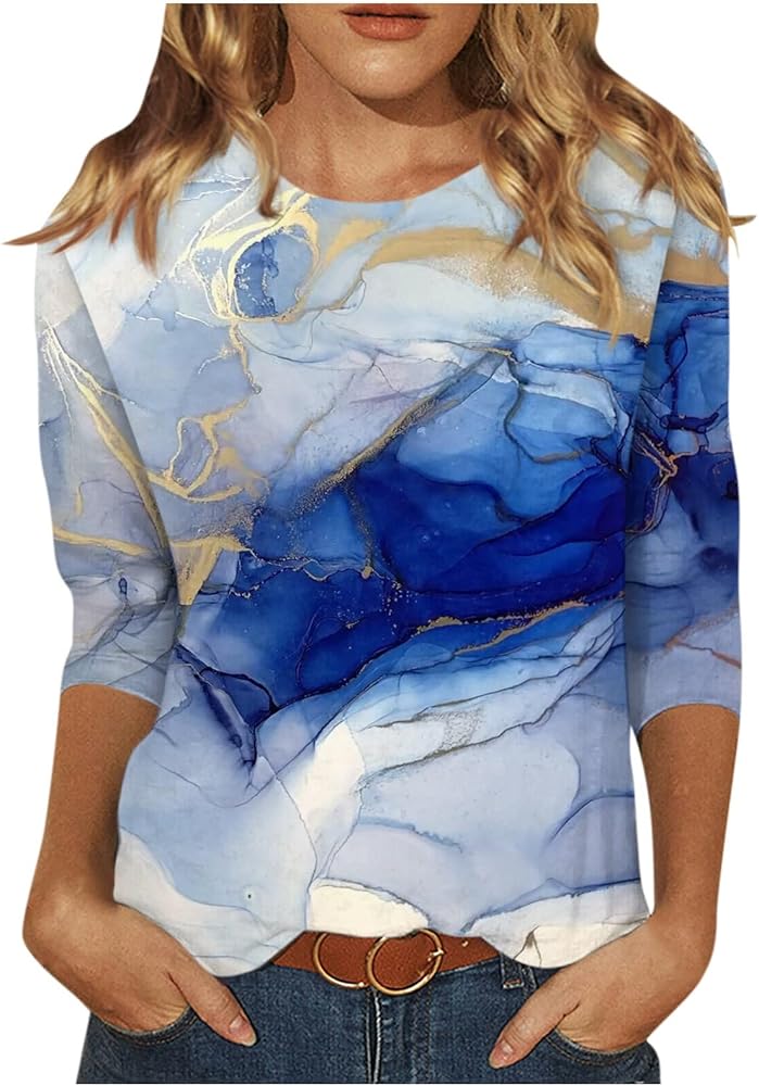 Womens Summer Clothes, Cute Tops for Teen Girls Blouses for Women 2024 3/4 Sleeve Shirts for Women Cute Print Graphic Tees Blouses Casual Plus Size Basic Tops Pullover Womens (1-Royal Blue,Small)