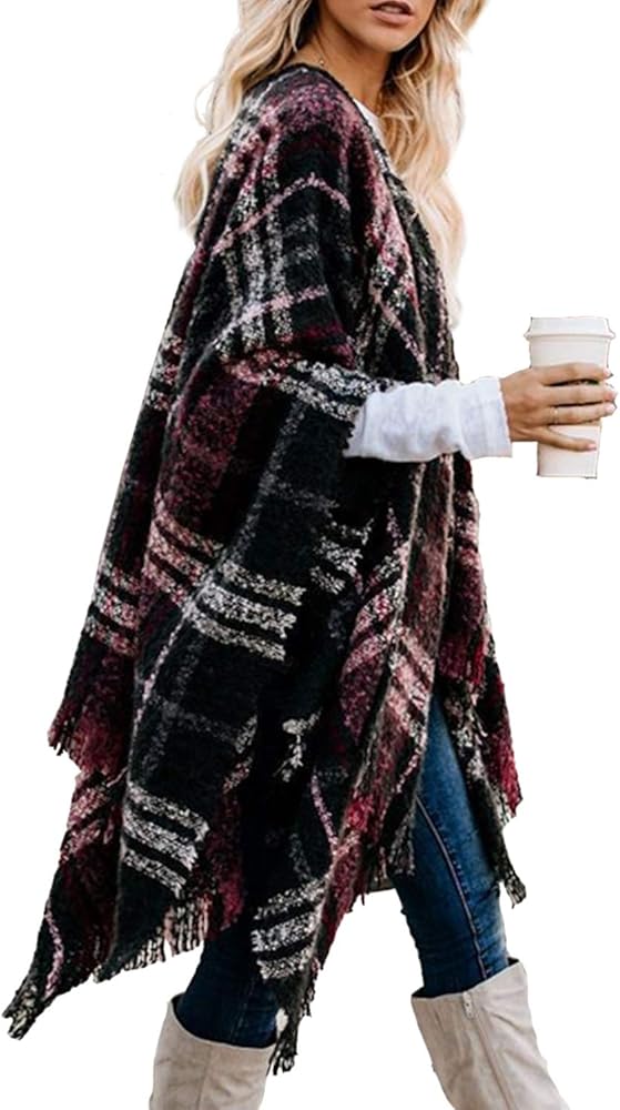 Bestshe Women's Boho Open Front Poncho Knitted Plaid Shawl Wrap Cape Tassel Cardigan Sweater