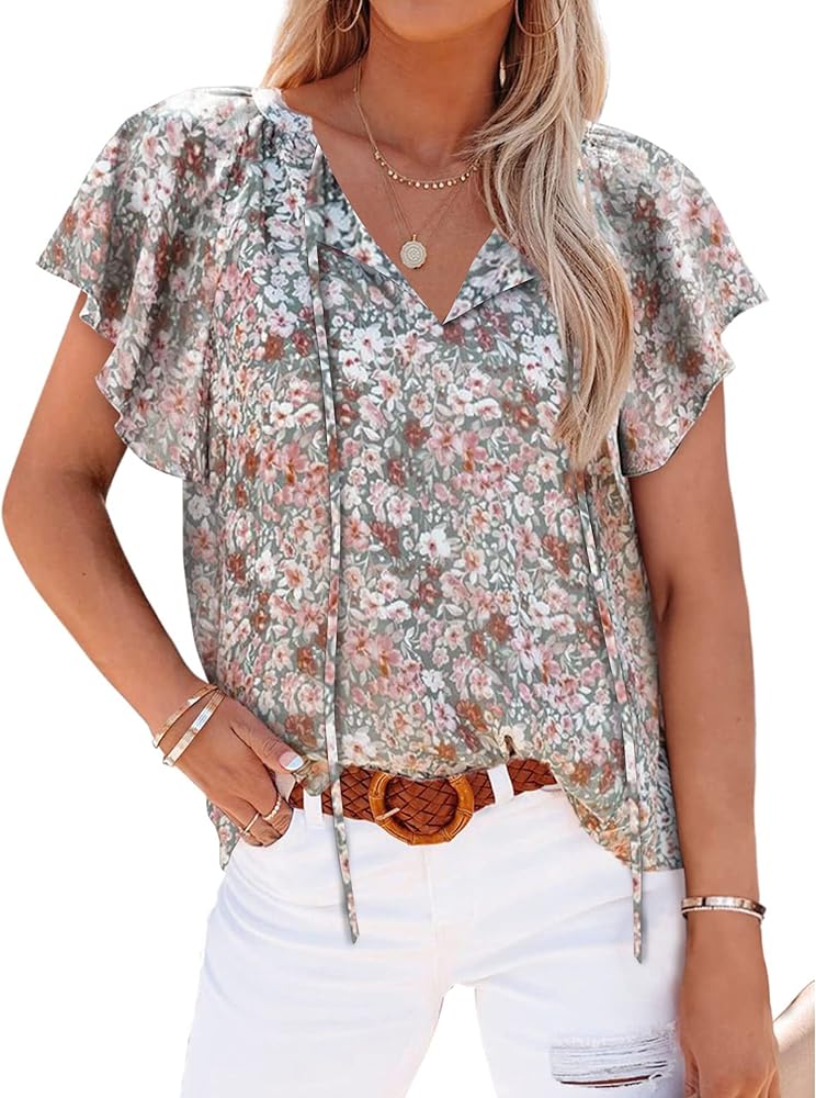 Mansy Women's Casual Floral Print V Neck Ruffle Short Sleeve Summer Shirts Tops Loose Blouses