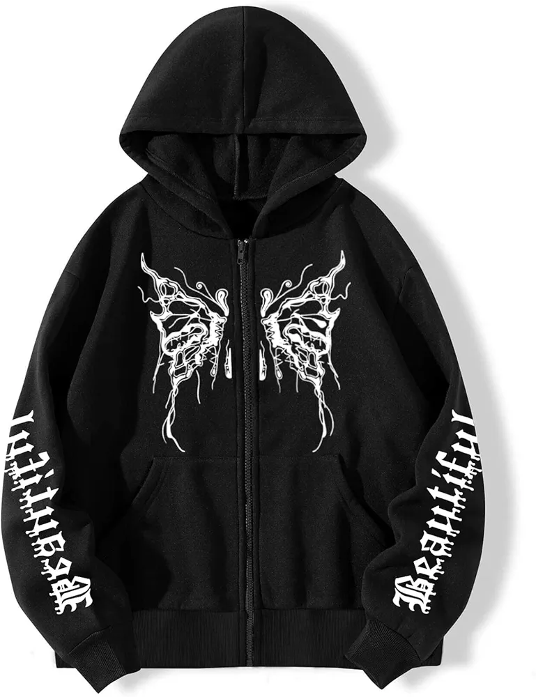 ABZEKH Women Sweatshirts Fashion Sweatshirts Butterfly and Letter Graphic Zip Up Thermal Lined Hoodie (Color : Black, Size : Medium)