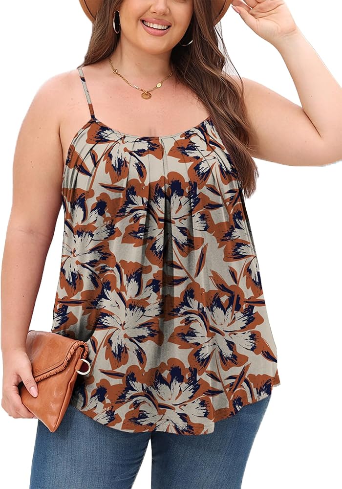 Women's Plus Size Tank Tops Loose Casual Summer Pleated Flowy Adjustable Strap Sleeveless Camisole Tank Tops