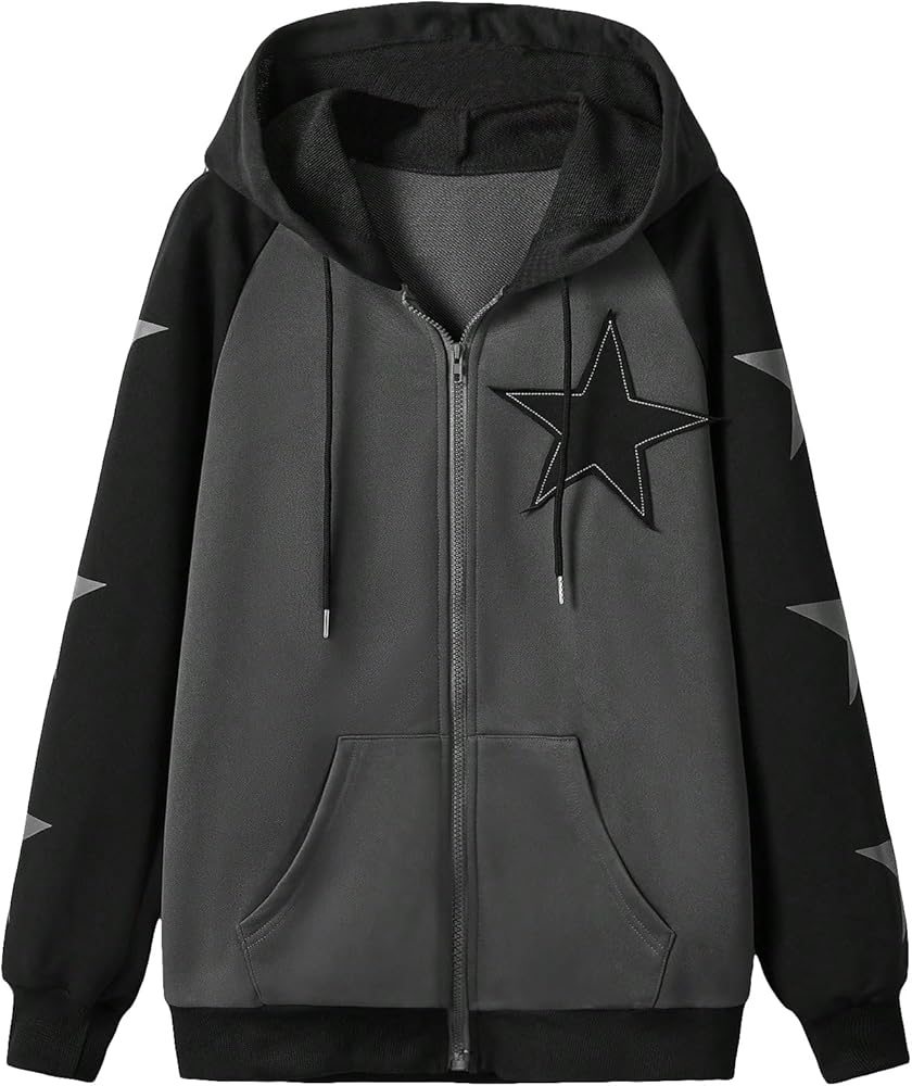 SHENHE Women's Zip Up Graphic Color Block Star Hoodie Drawstring Sweatshirt with Pockets