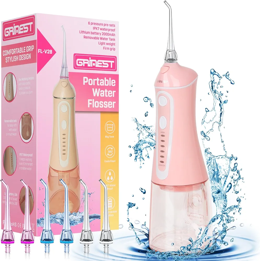 Water Dental Flosser Pick for Teeth,Grinest Cordless Water Dental pik Teeth Cleaner 7 Modes Rechargeable Oral Irrigator Portable IPX7 Waterproof Tooth flossing Cleaning for Home Travel-Pink