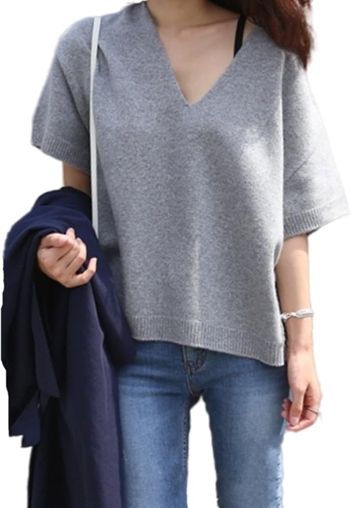 Short Sleeve Sweater Women's Knitted V-Neck Pullover Loose Top Basic Blouse