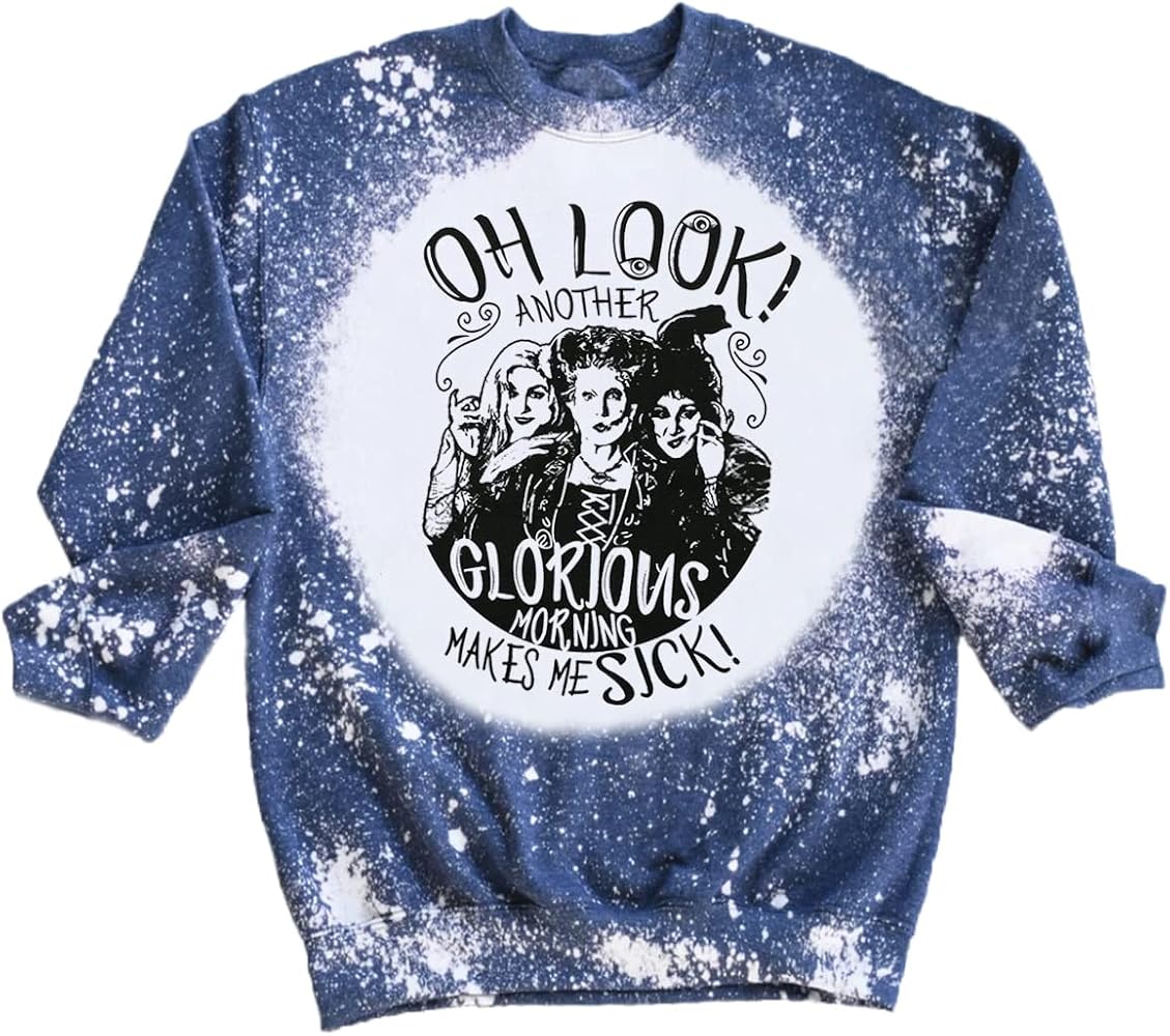 QIANRUO Halloween Bleached Sweatshirt Women Sanderson Sisters Hocus Pocus Graphic Tee Casual Long Sleeve Pullover Tops