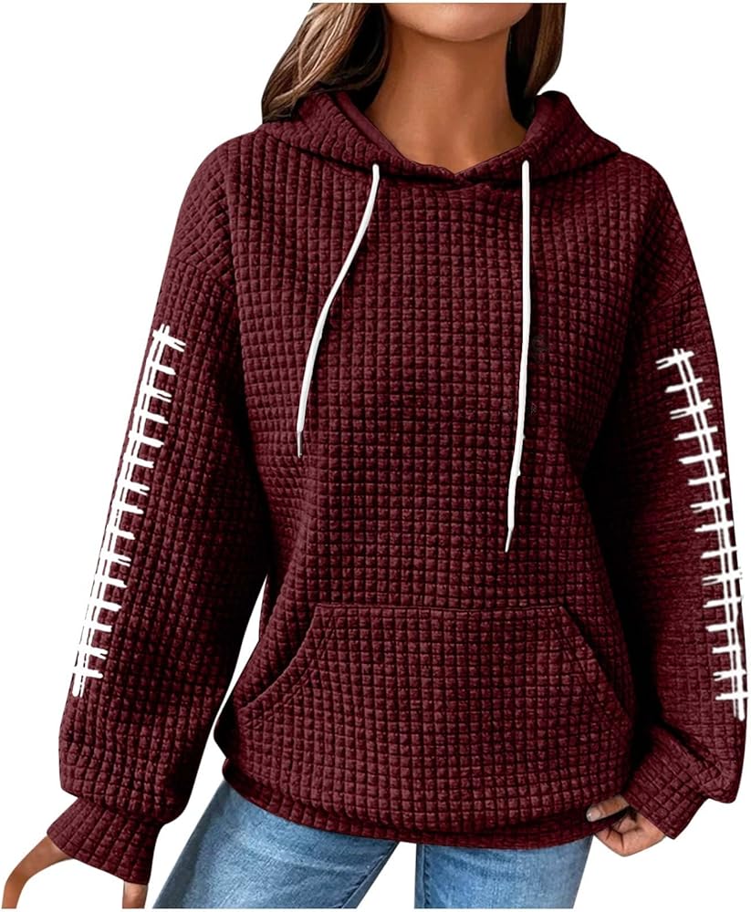 Womens Baseball Hoodie Casual Long Sleeve Waffle Pullover Hooded Drawstring Casual Sweatshirts with Pocket