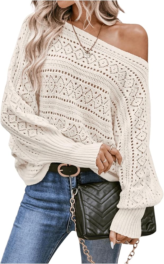 Verdusa Women's Crochet Off Shoulder Sweaters Hollow Out Pullovers Boat Neck Long Sleeve Knitted Sweaters