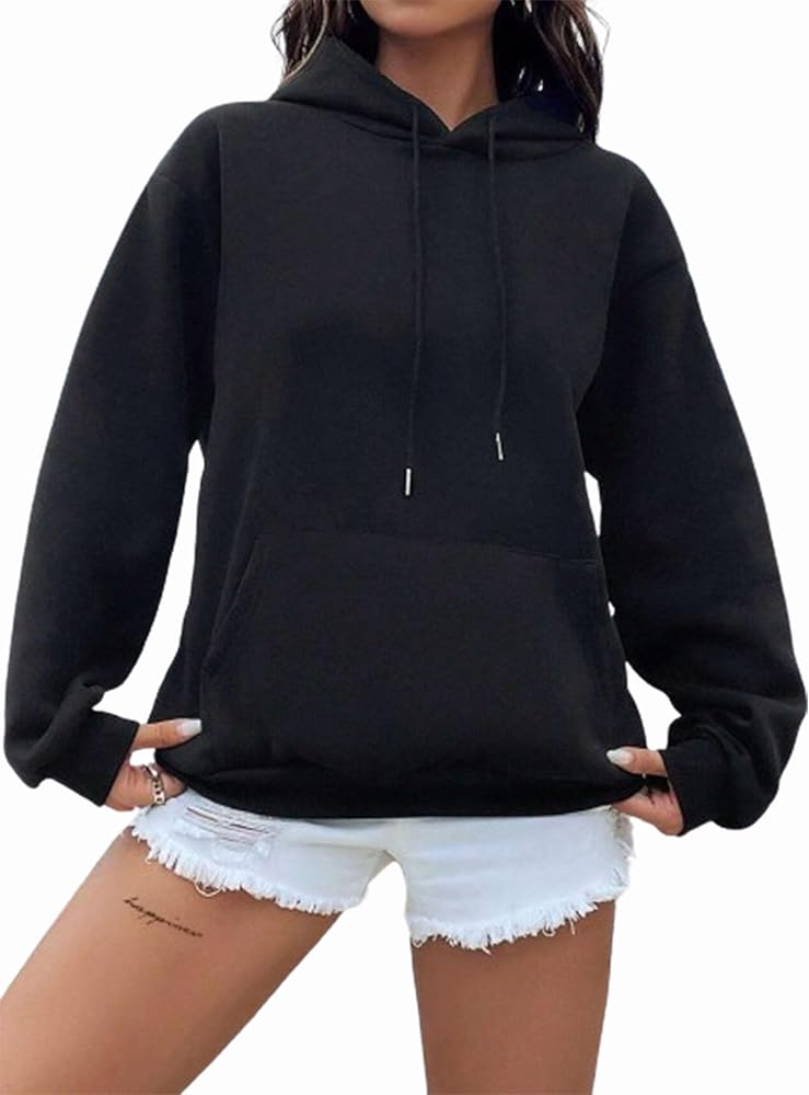 Hilinker Women's Casual Long Sleeve Hoodies Drawstring Pullover Sweatshirt with Pockets Black A Large